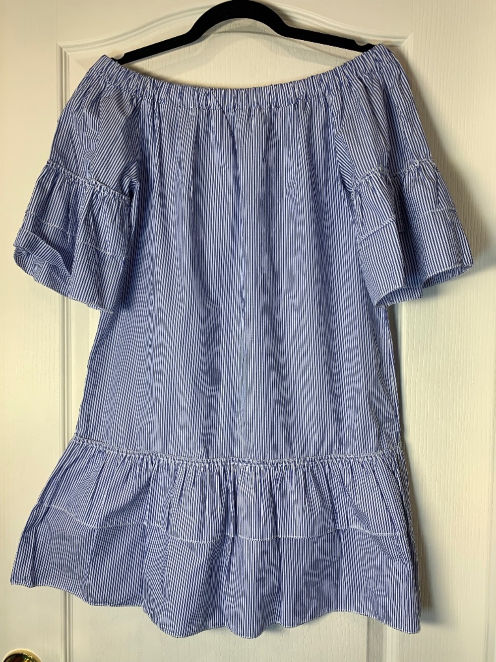 twik Blue and White Striped Off-Shoulder Mini Dress